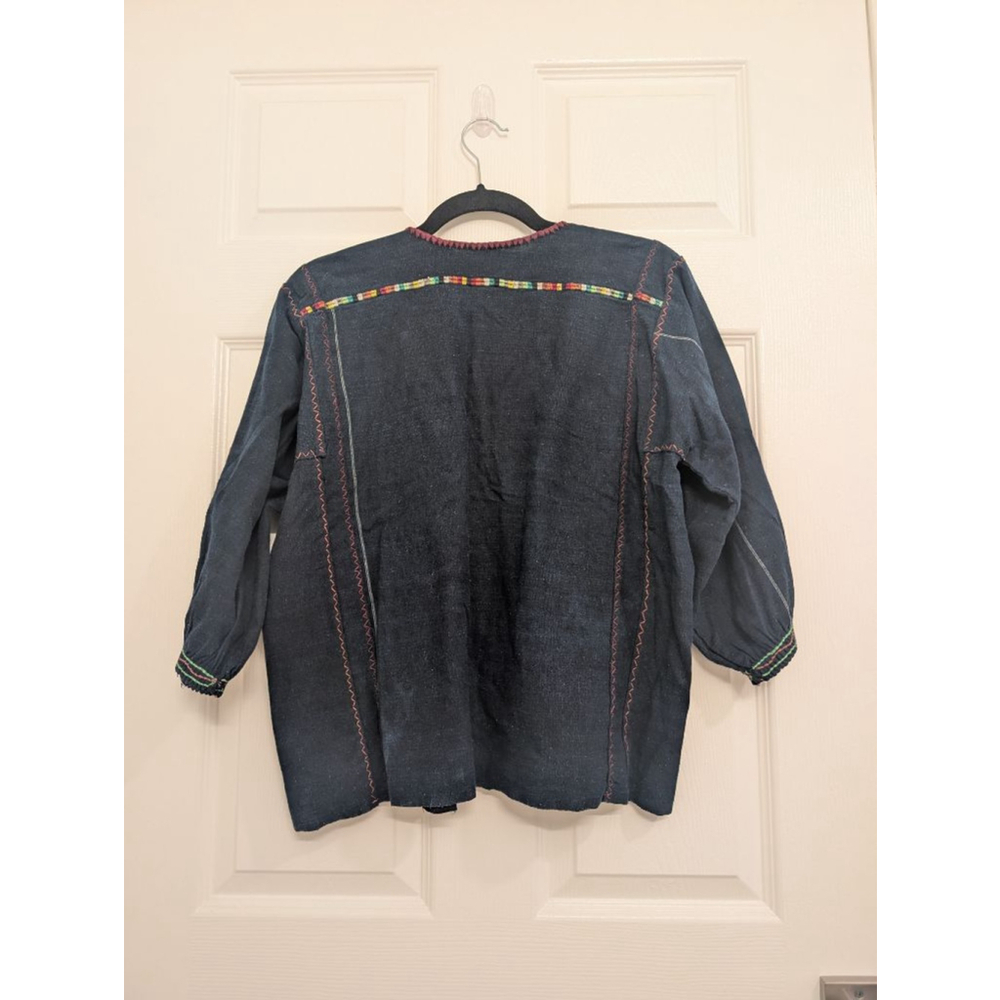 Vintage Indigo Boho Otomi Embroidered Floral Tassel Artisanal Ethnic Hippie Top - Picture 6 of 8
